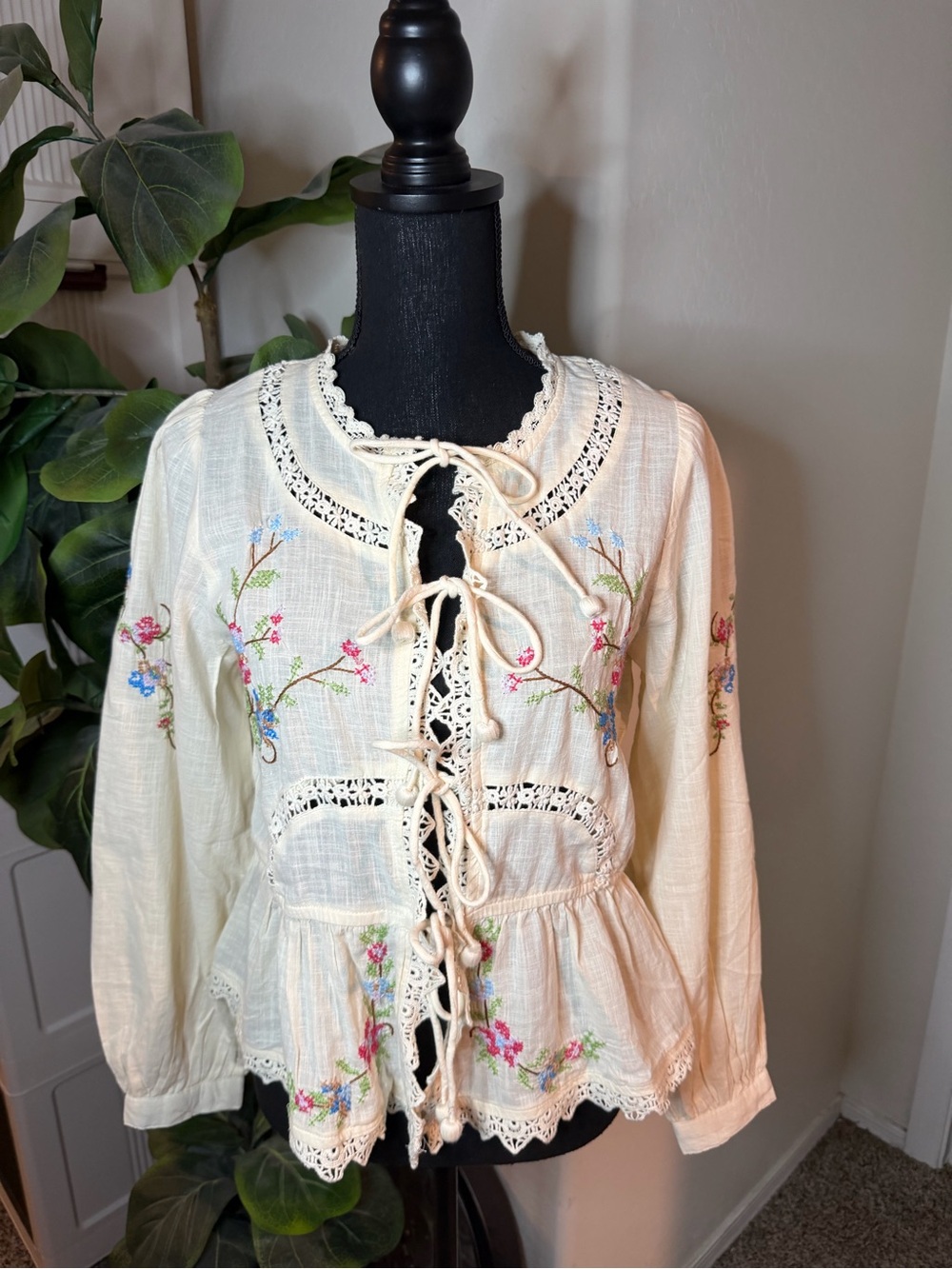 Cream Embroidered Lace-Up Peasant Blouse - Women